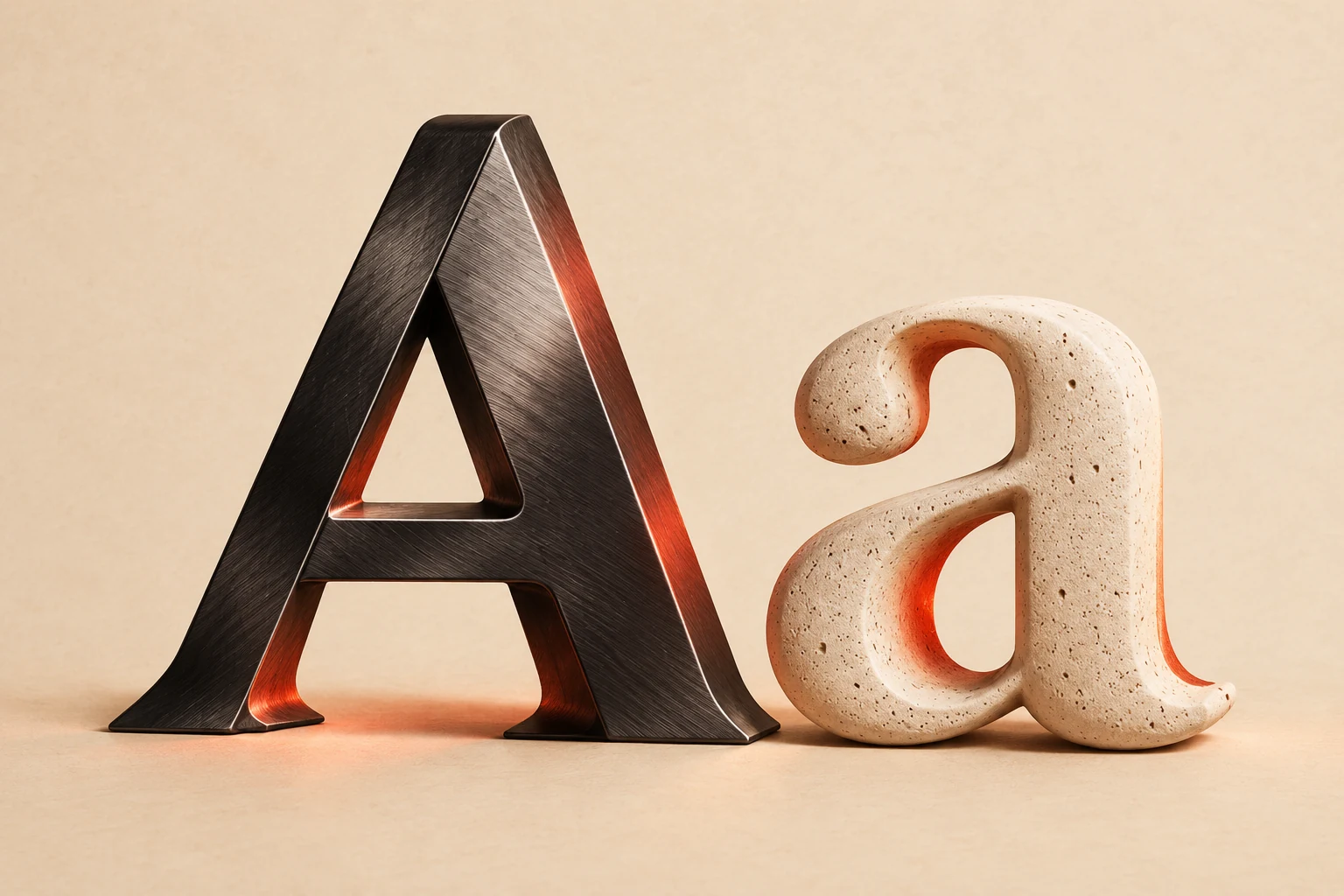 A brushed metal A beside a rounded stone a on a warm background