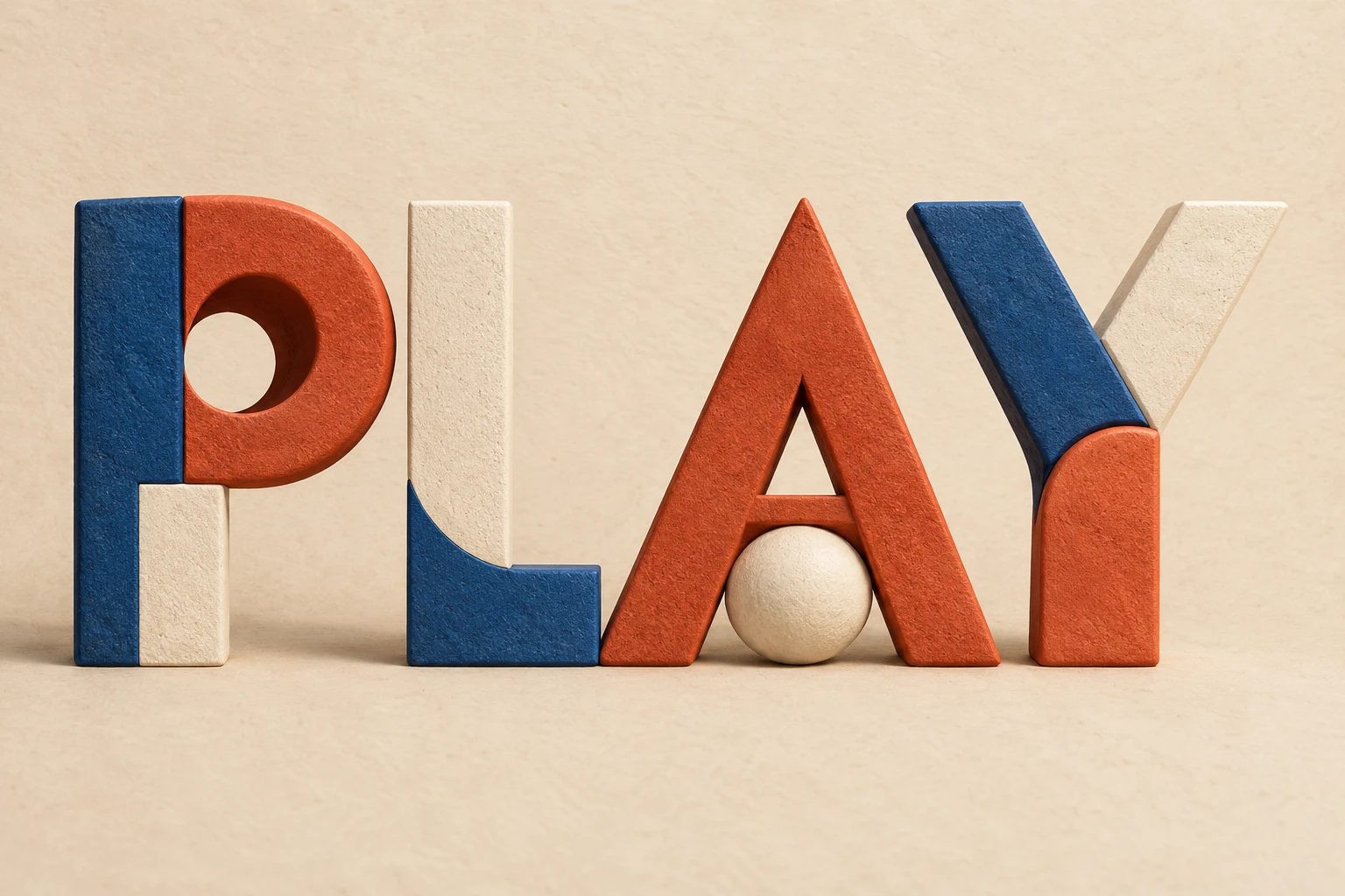 PLAY in tactile ivory, terracotta and navy sculptural letters